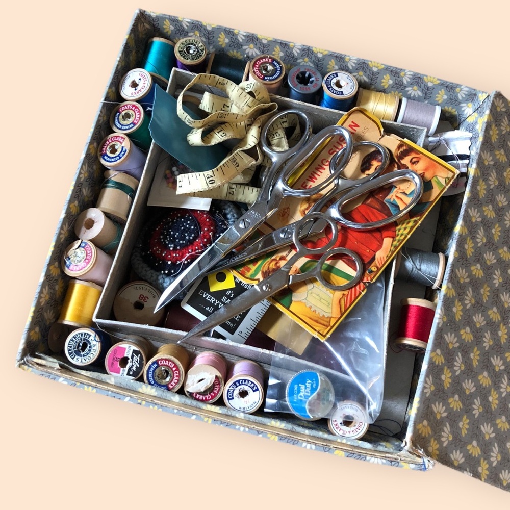 Vintage Sewing Box Kit Bundle w/ Scissors (Brazil, Italy) & Sterling Thimbles